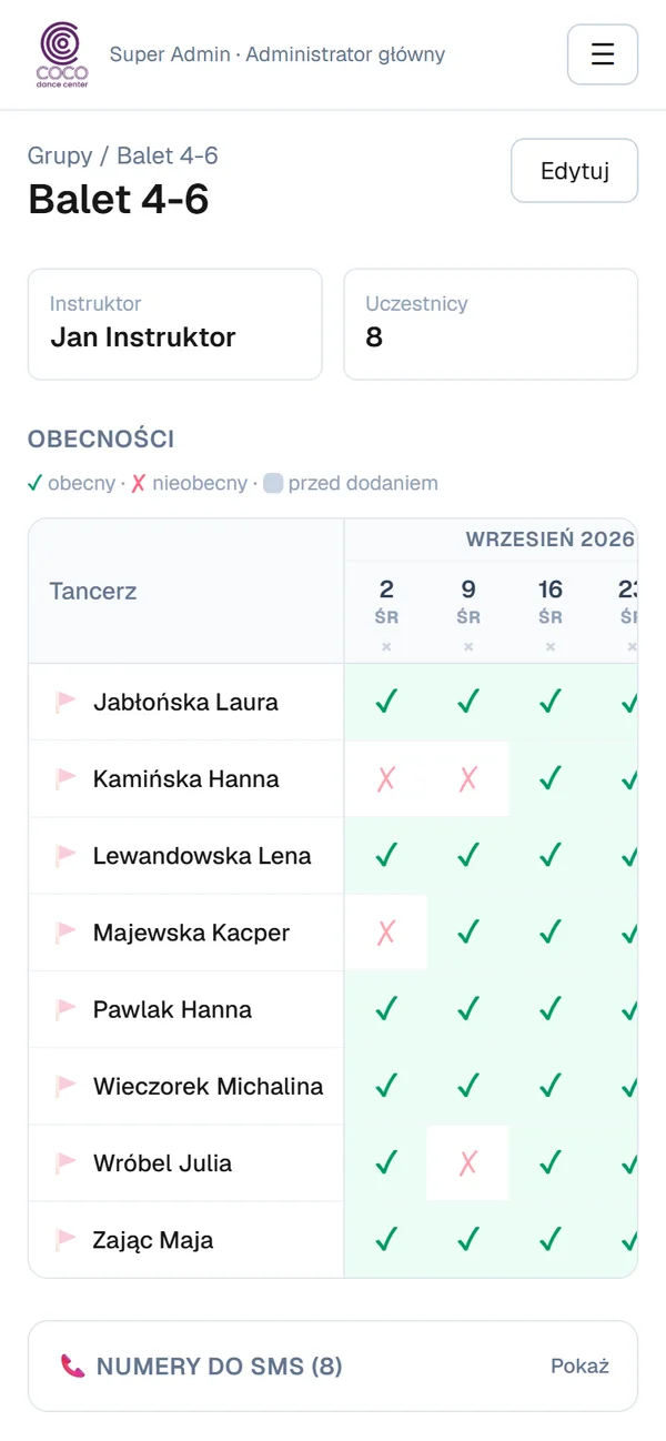 Aplikacja COCO dance center: dziennik obecności